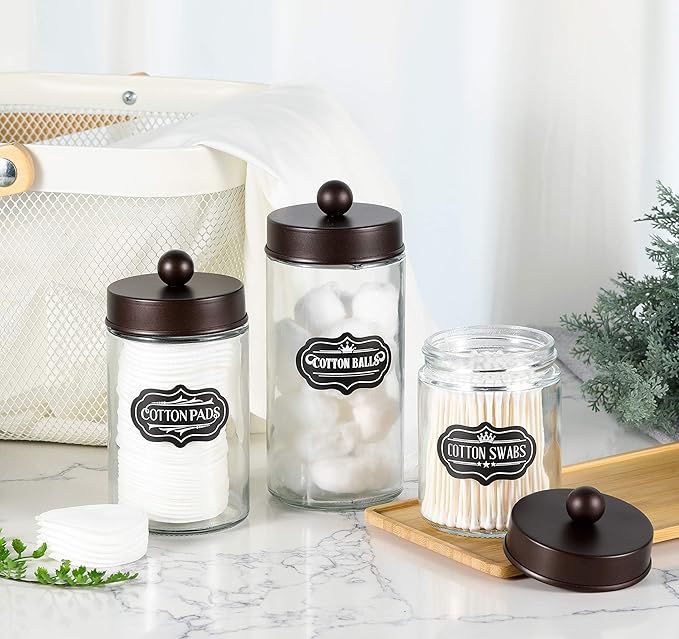 Apothecary Jars 3 Pack - Glass Bathroom Containers with Stainless Steel Lids - Rustic Farmhouse Decor Bathroom Accessories, Vanity Organizer Apothecary Jars for Qtip/Cotton Balls (Bronze)