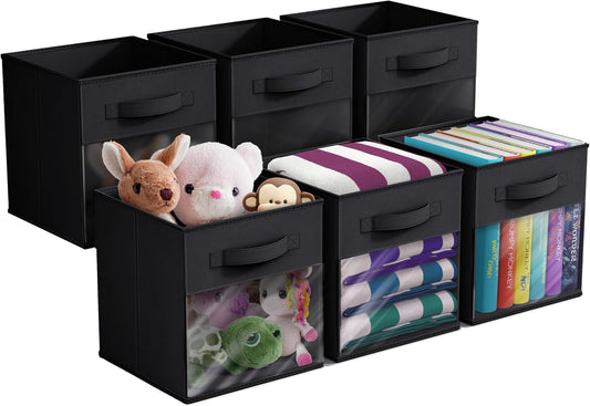 Sorbus 11 Inch Storage Bins with Clear Window - 6 Foldable Baskets for Organizing Clothes, Toys, Books - Sturdy Collapsible Fabric Storage Cubes with Handle - Storage Baskets for Shelves, Closets