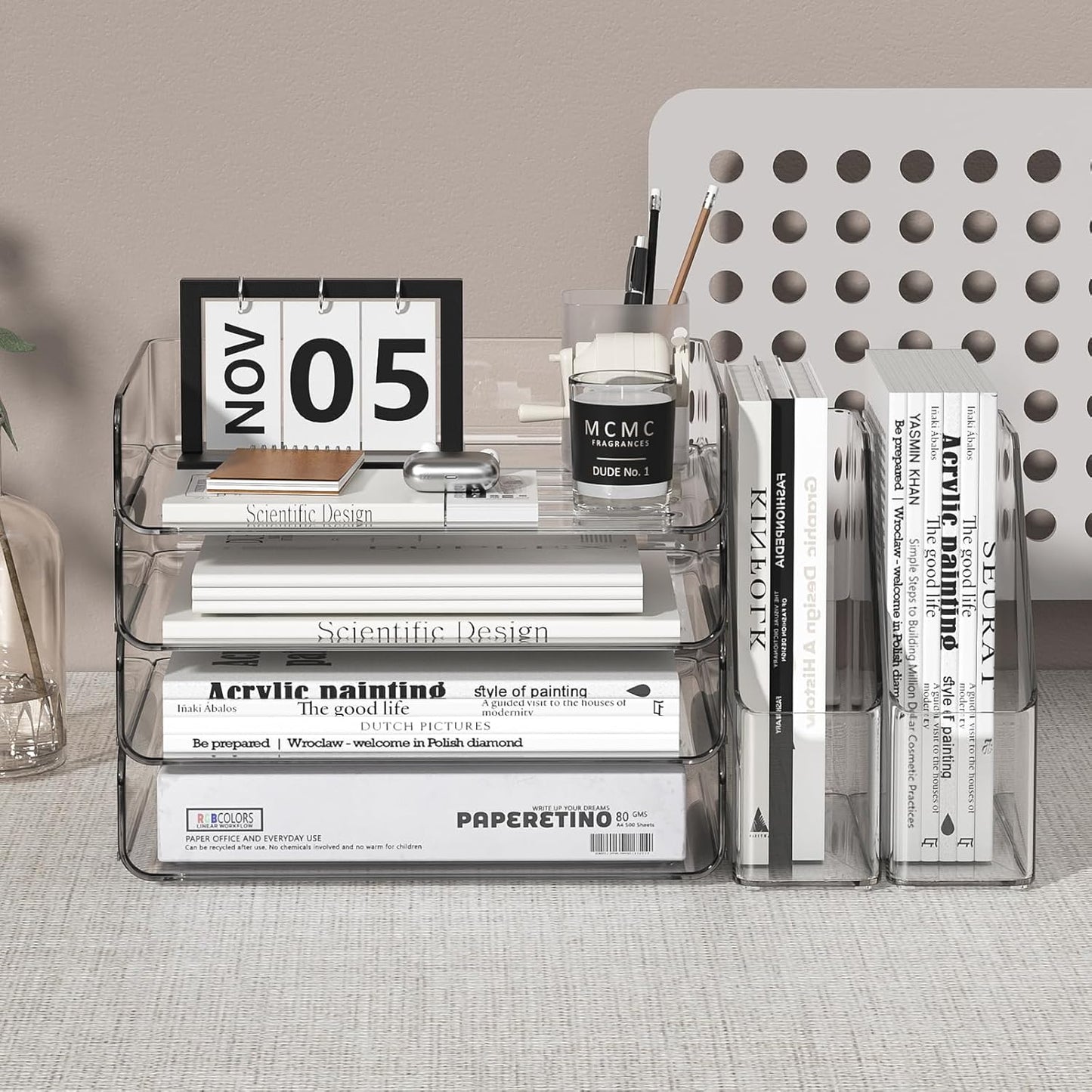 4-Tier Clear Acrylic Paper Tray Organizer for Desk with 2 Matching Bookends – Stackable Letter Tray Set, Stackable Paper Trays, Acrylic Desk Accessories/File Organizer, Office Organizer