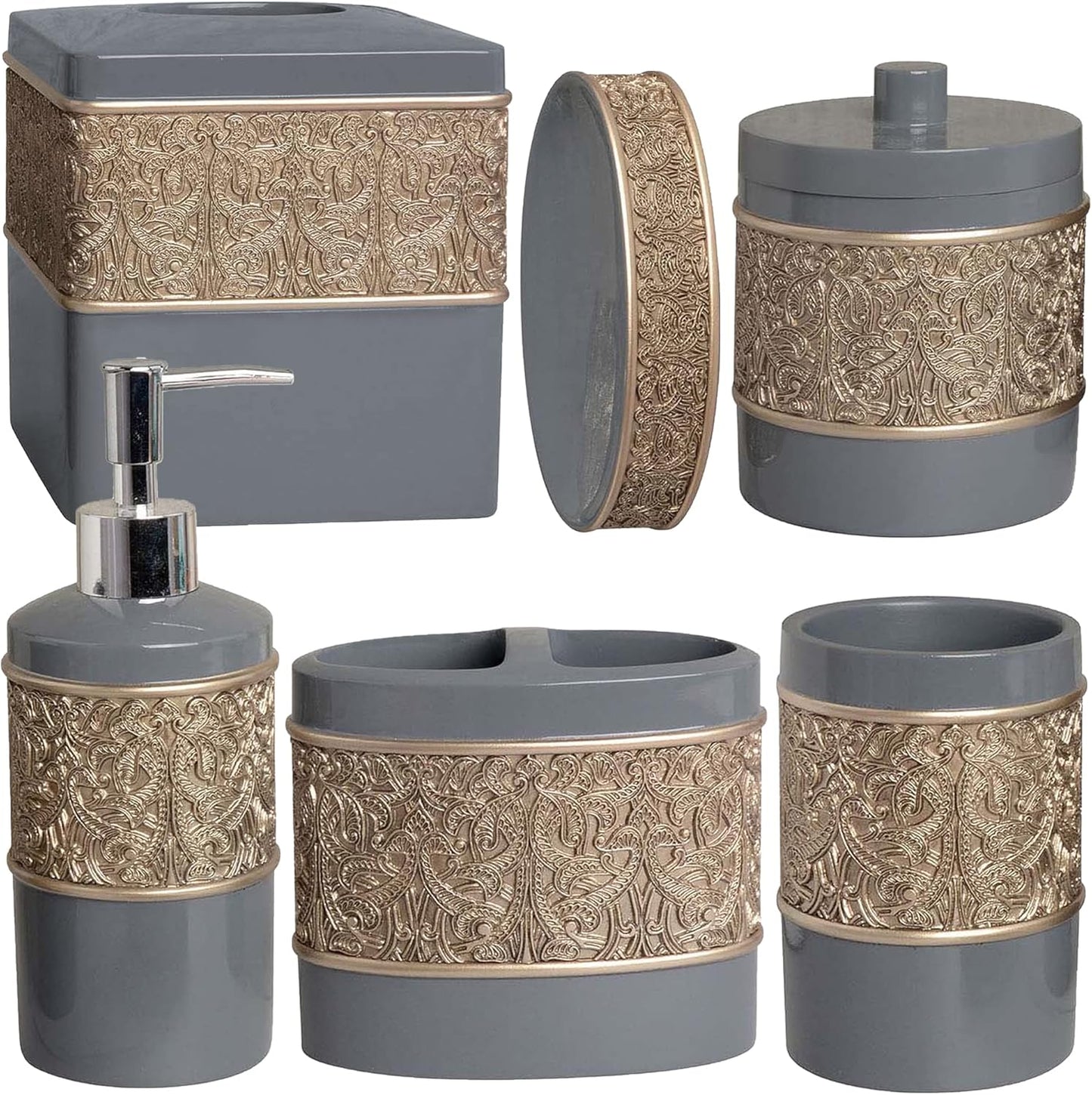6-Piece Bathroom Accessories Set – Soap Dispenser, Toothbrush Holder, Tumbler, Soap Dish, Cotton Swab Jar & Toilet Brush – Modern Bathroom Decor Set (Gold Grey)