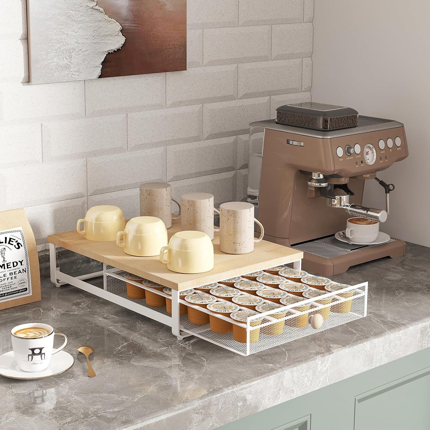 Coffee Pod Holder Counter Coffee Vertuo Capsules Storage Organizer with Sliding Drawer Compatible For 35 K-Cup Pods No Assembly Needed Natural Colour