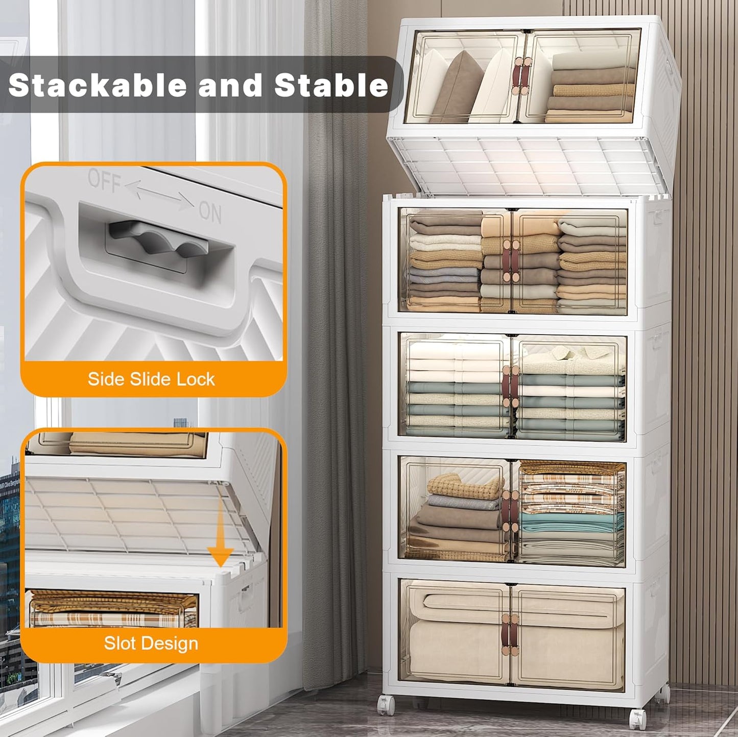 Extra Large Stackable Storage Bins with Lids & Wheels & Door, 560QT-112QT/28GAL*5Pack Foldable Collapsible Closet Organizers, Plastic containers drawers for bedroom Dorm