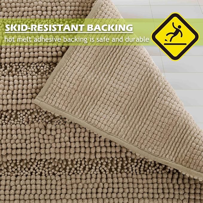 KGORGE Non-Slip Bathroom Rugs - Quick Drying Chenile Bath Mat Absorbent Super Soft Microfiber Floor Carpet for Tub Kitchen, Browm, 47" x 17", 1 Piece