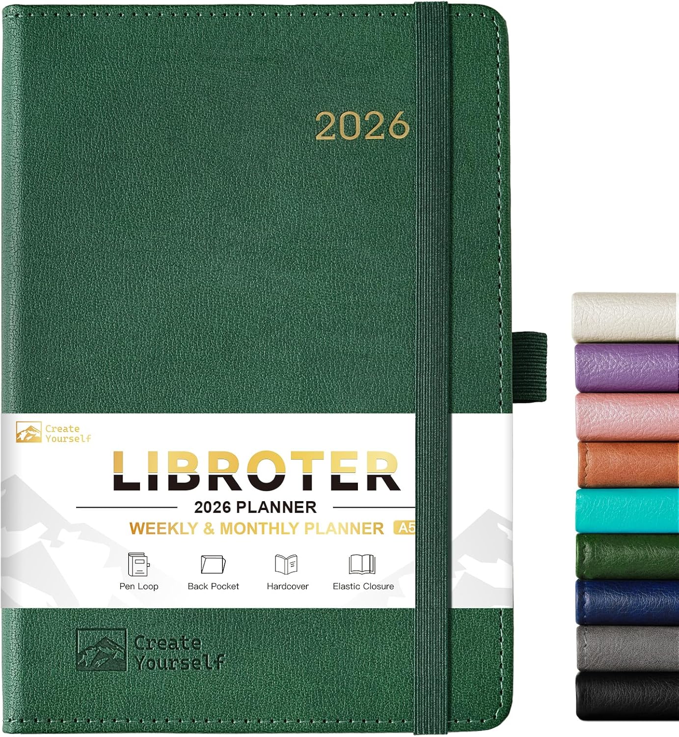 2026 Planner - Planner 2026, 2026 Weekly Monthly Planner, Jan.2026 - Dec.2026, 5.7'' x 8.4'', Thick Paper, Leather Cover, Pen Holder, Back Pocket, Bookmarks, Perfect Daily Organizer - Dark Green