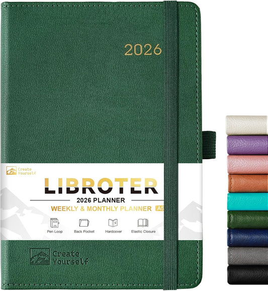 2026 Planner - Planner 2026, 2026 Weekly Monthly Planner, Jan.2026 - Dec.2026, 5.7'' x 8.4'', Thick Paper, Leather Cover, Pen Holder, Back Pocket, Bookmarks, Perfect Daily Organizer - Dark Green