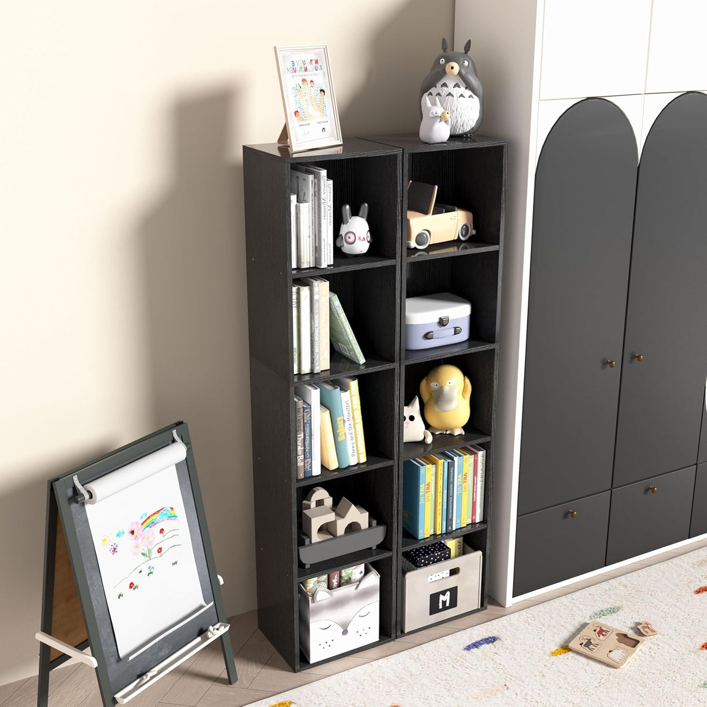 Wooden 5 Cube Storage Organizer, 5 Tier Storage Cubes Storage Display Cubby, 52 Inch Tall Versatile Cubes Shelf and Cubby Organizer for Any Space (Black, 5 Cube-W(11.8inch)