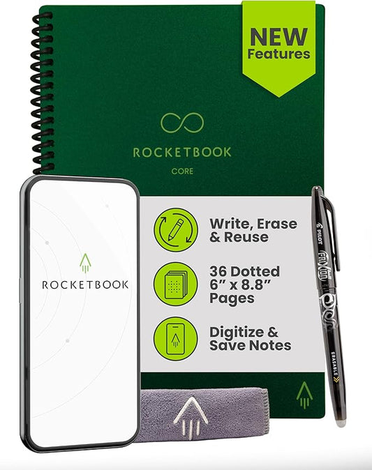 Rocketbook New Core Reusable Spiral Notebook, Executive Size 6x8.8, Green - Dotted Pages, App-Connected, Erasable, Durable Cover, Ideal for School, Work, and Creative Projects