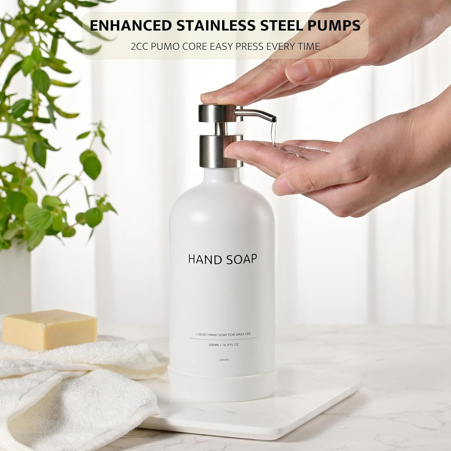 Kitchen Soap Dispenser Set with Non-Slip Protective Silicone Pad,Hand Soap Dispenser for Kitchen and Bathroom Decor, White and Silver Kitchen Accessories (White Bottles + Silver Pumps)