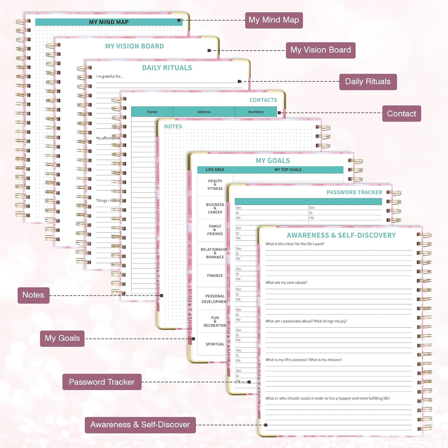 Ospelelf Undated Spiral Bound Planner Daily, Weekly and Monthly Planner, Pink Teacher Planners 12 Month 8.5 x 11