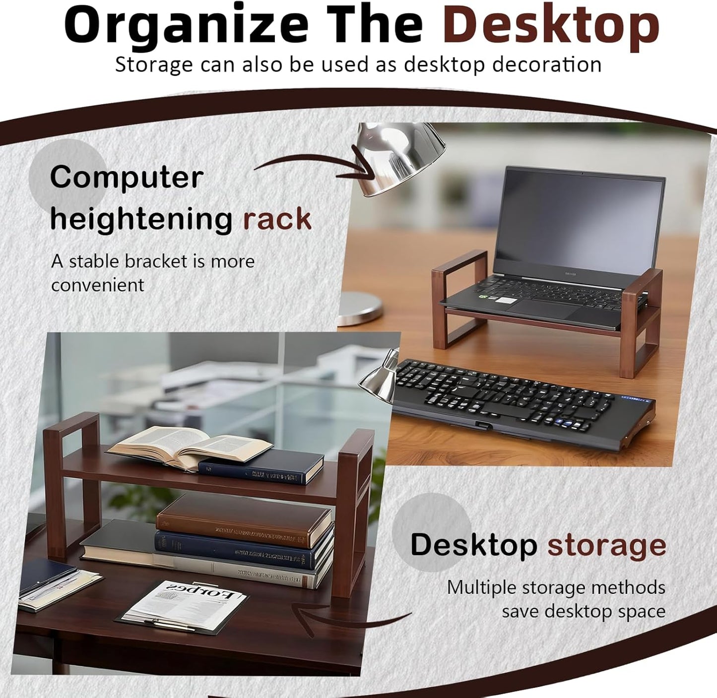 Upgraded Desktop & Off-Surface Shelves, No Tools Assembly Interlocking Joints for Enhanced Stability, Solid Pine Wood, 130lb Load Capacity for Office, Books, Bathroom Storage Walnut Colour