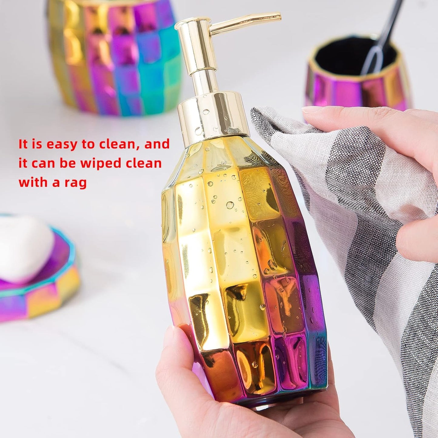 Rainbow Bathroom Accessory Set, Colorful/Gold Mosaic Ceramic Bathroom Accessories Sets Includes Lotion Dispenser, Toothbrush Holder Tumbler, and Soap Dish