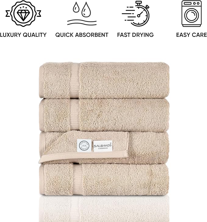 SALBAKOS 100% Turkish Cotton Bath Towel Set of 4 27x54 inch | Heirloom Quality | Hotel & Spa Collection | Ultra Soft, Super Absorbent, Long Lasting Bath Towels | Made in Turkey (Taupe, 4 Bath Towels)