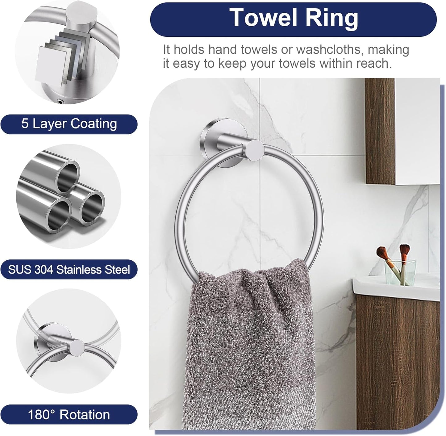 5-Piece Towel Bar Set Brushed Nickel Bathroom Hardware Accessories Set Upgraded Toilet Paper Holder with Shelf Towel Holder Set for Bathroom Stainless Steel Wall Mounted