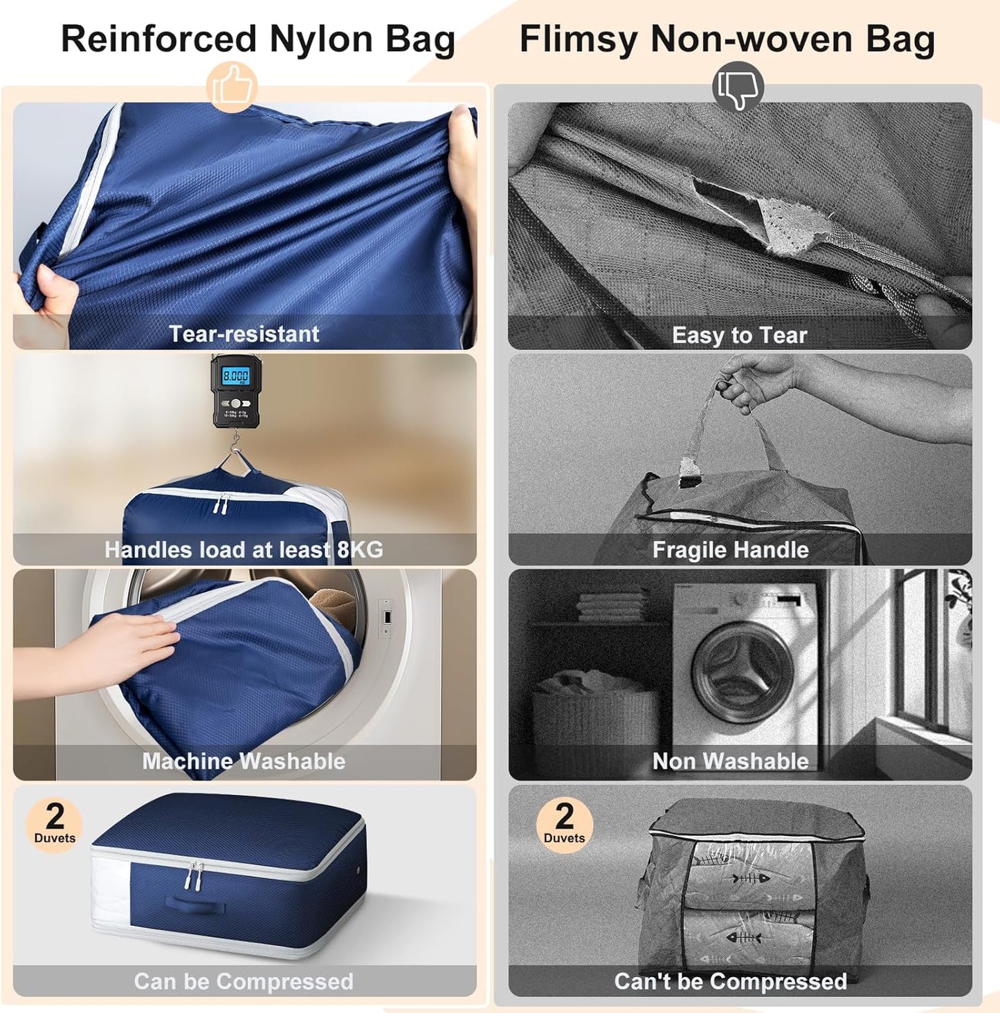 Comforter Storage Bag - Large Capacity Blanket Storage Bags 3-Layer Ultra Space Saving Self Compression Organizer, Washable Compression Bags for Storage Comforter Blanket, 4-Pack, Navy Blue