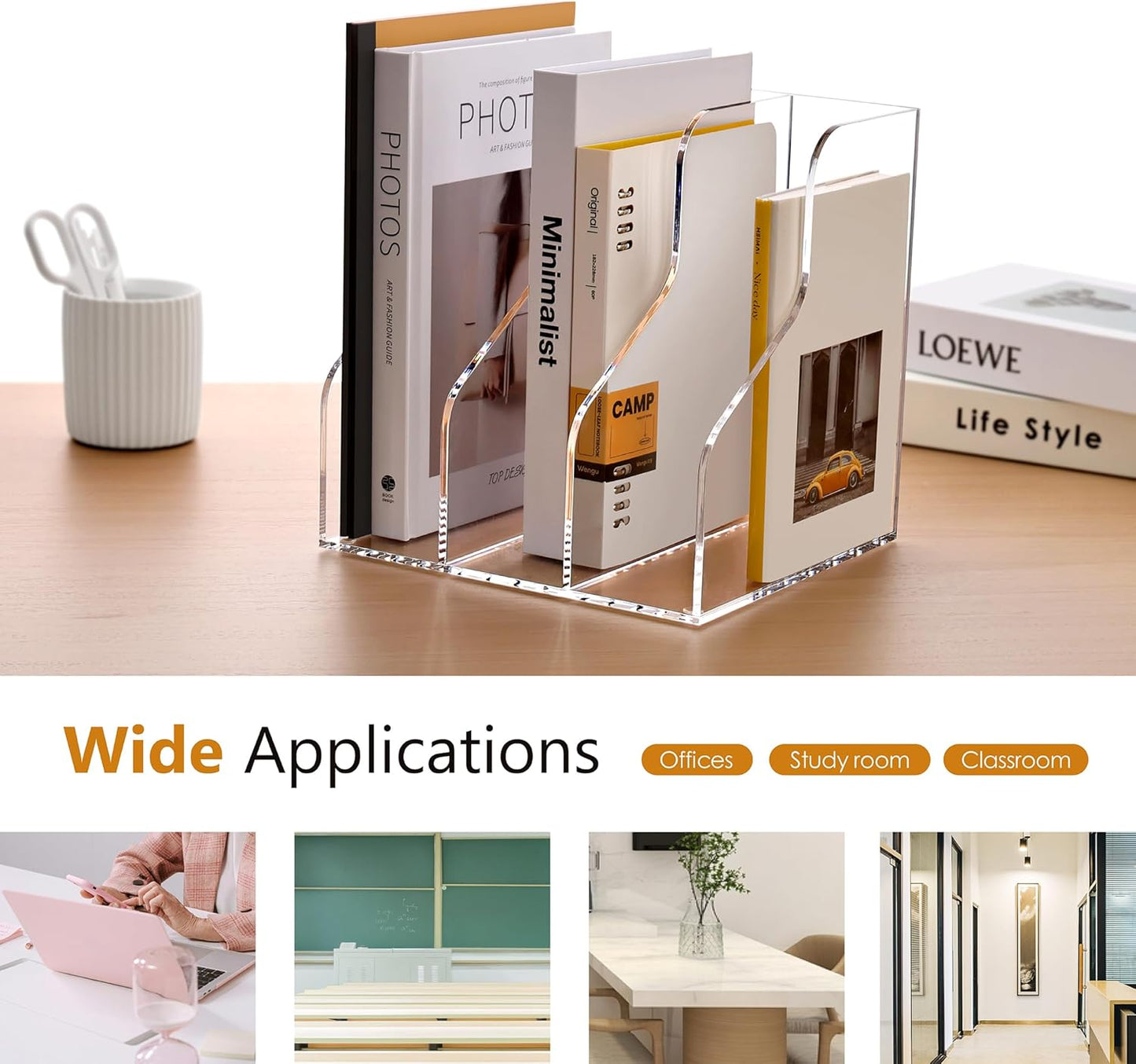 SANRUI Acrylic File Organizer, Clear Magazine File Holder with 3 Vertical Compartments, Desk Organizer for Home School Office Organization, Desk Bookshelf