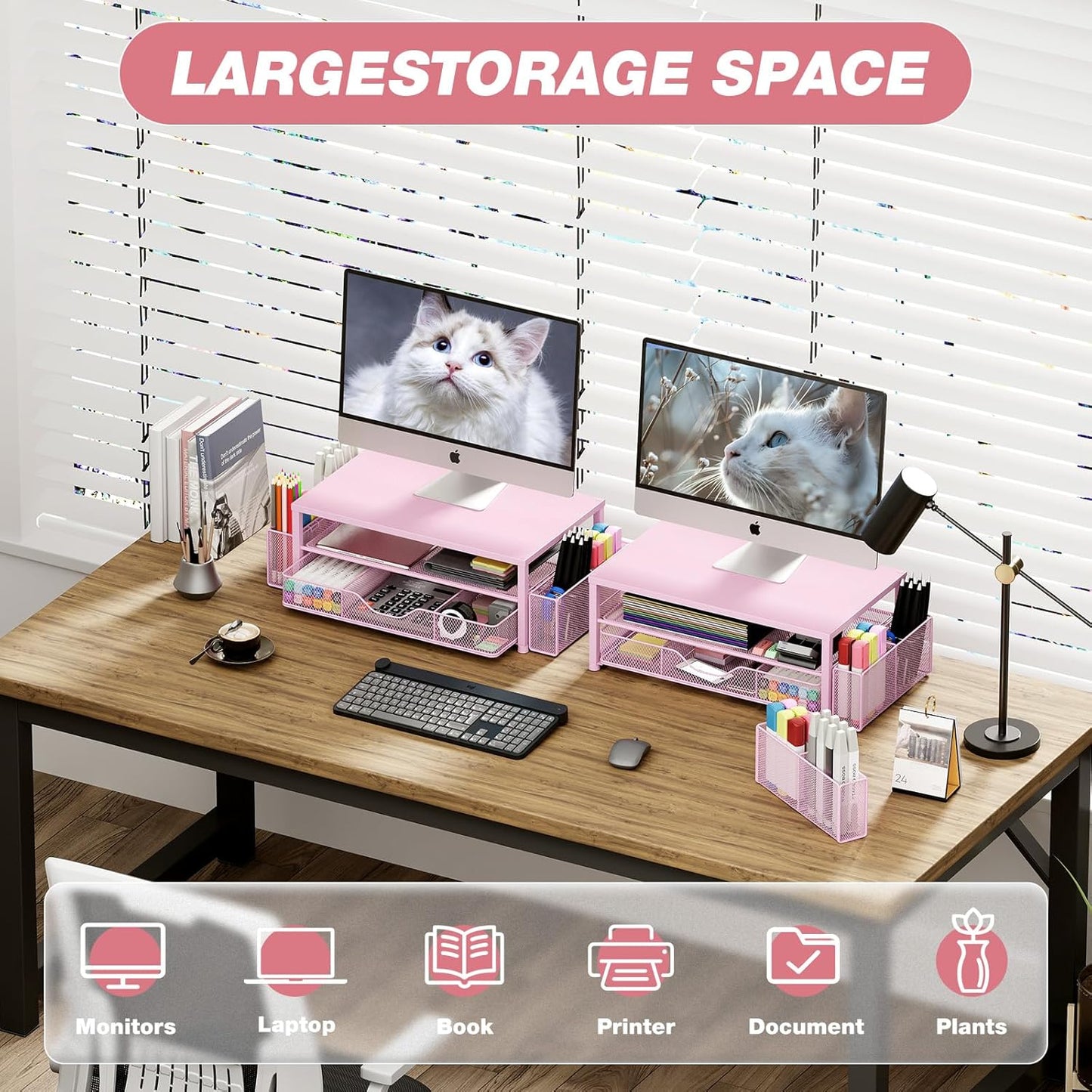 Desk Organizers and Accessories, 2-Tier Computer Monitor Stand Riser with Drawer and 2 Pen Holders, Laptop Stand, Office Desk Accessories & Office Decor for Women, Pink