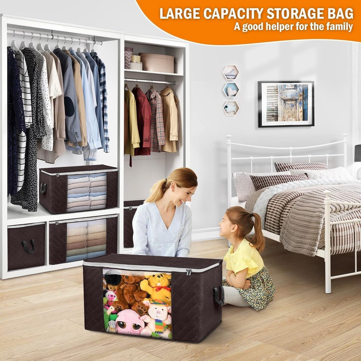 Budding Joy Clothes Storage, Foldable Large Blanket Bags, Storages and Organization for Clothing, Blanket, Comforter, Clothes, Pillows, Toys, Closet Organizers with Enhanced Handle, 60L 6 Pack Brown