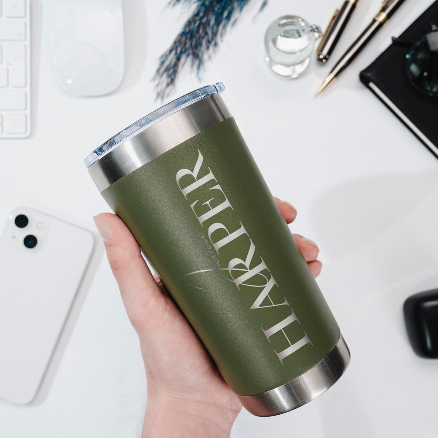 Be Burgundy Personalized Tumbler with Engraved Name - 12 Designs, 30 Oz Coffee Tumbler with Slider Lid, Army Green, Double Wall Insulated - Gift for Men, Husband, Personalized Gift for Him
