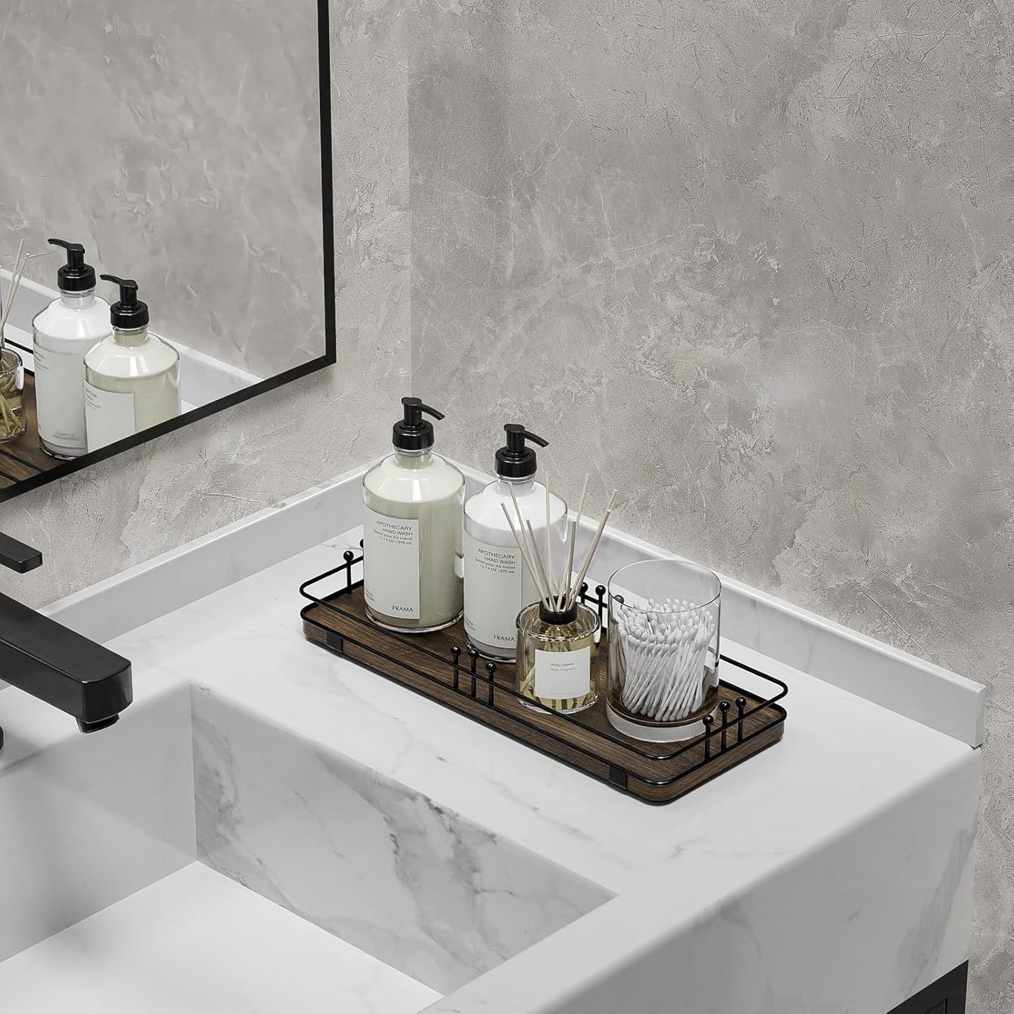 Bathroom Vanity Tray for Countertop Toiletries Perfume Makeup Soap Dispenser Toilet Tank, Kitchen Tray for Salt Spice, Decor Tray for Candle Nightstand Coffee 11.3”x 4.4” Brown-Black