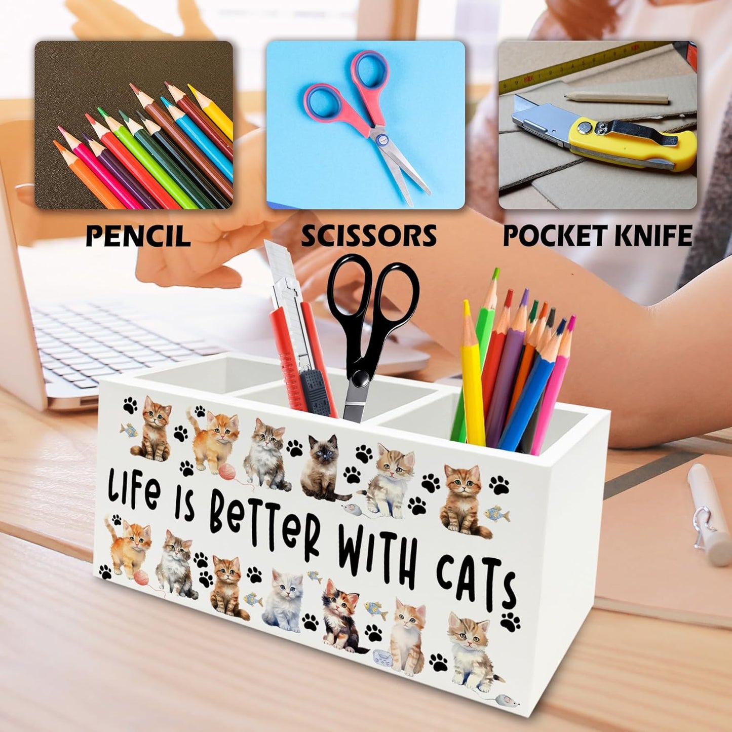 Cat Pen Pencil Holder Organizer for Desk, Cat Lovers Mom Lady Gifts for Women, Life Is Better with Cats Wooden Box Signs Decorations for Home Office Desk Tabletop, Gifts for Pet Lovers
