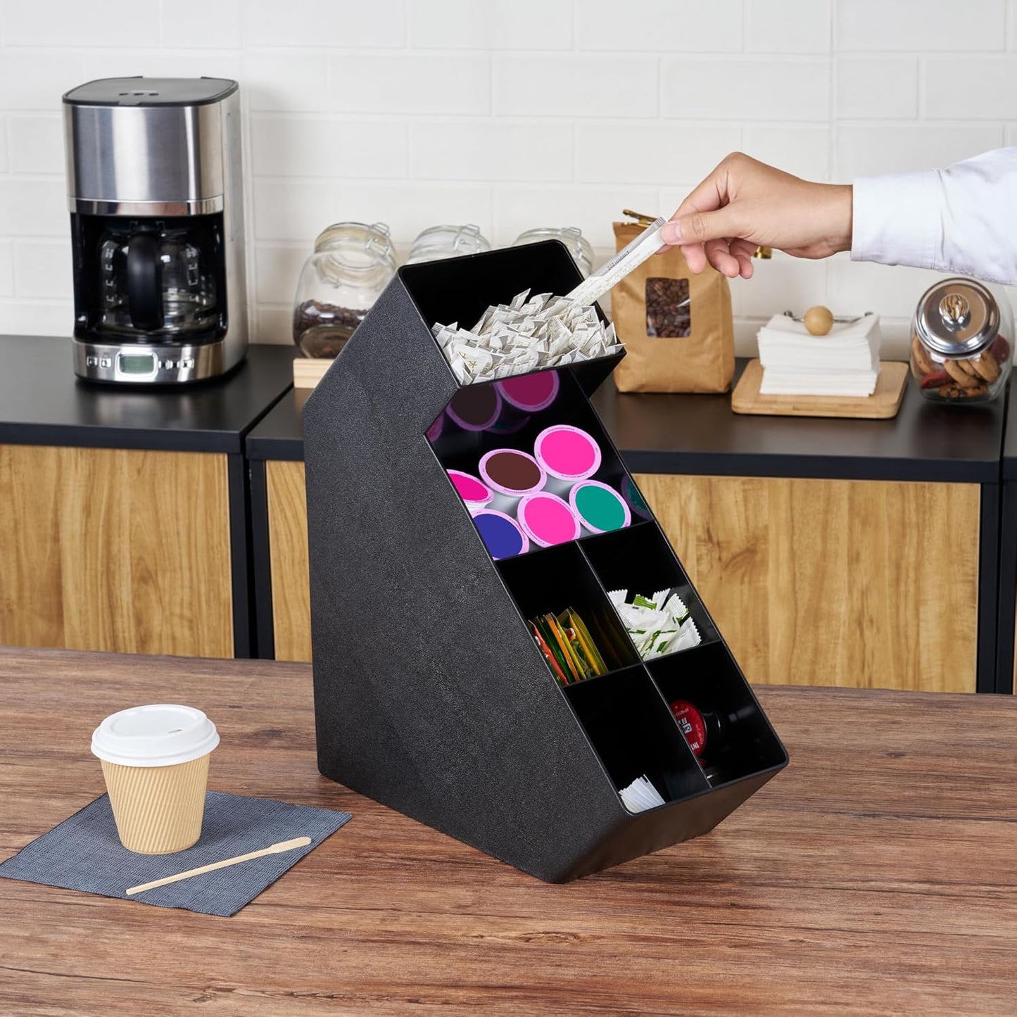 Restaurantware Restpresso Coffee Bar Organizer, 1 Count Durable 6 Compartments, Compact Size, Black Plastic Tabletop Coffee Supplies Organizer For Homes, Office Spaces, Breakrooms, and Lounges