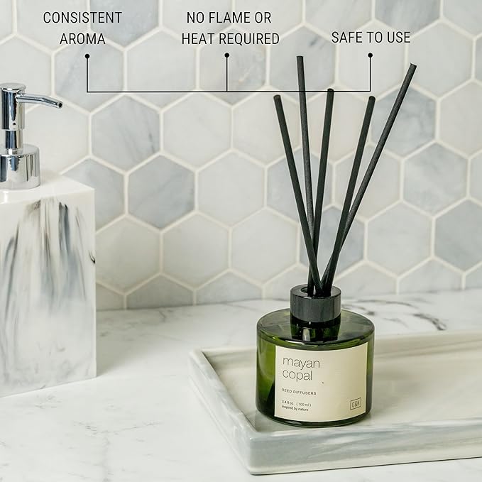 Craft & Kin Mayan Copal Christmas Reed Diffuser | All Natural Essential Oil & Rattan Scent Sticks | Winter Reed Diffusers for Home, Bathroom | Long Lasting Home Fragrance in Green Glass, 3.4oz
