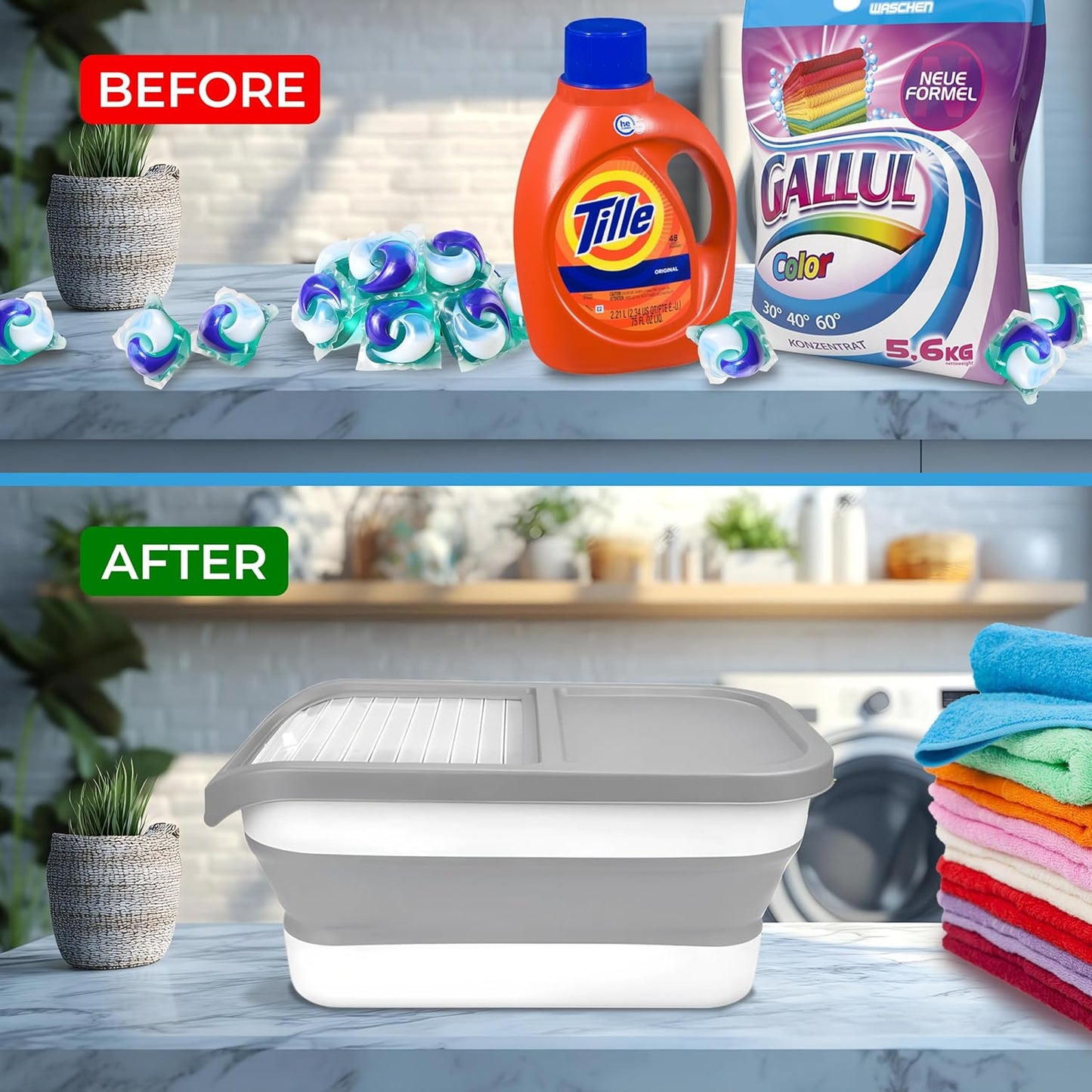 Skywin Grey Modern Expandable Laundry Pod Container, 16.2 x 9.8 x 7.9 In, Holds 11 Pounds OR 120-150 Pods