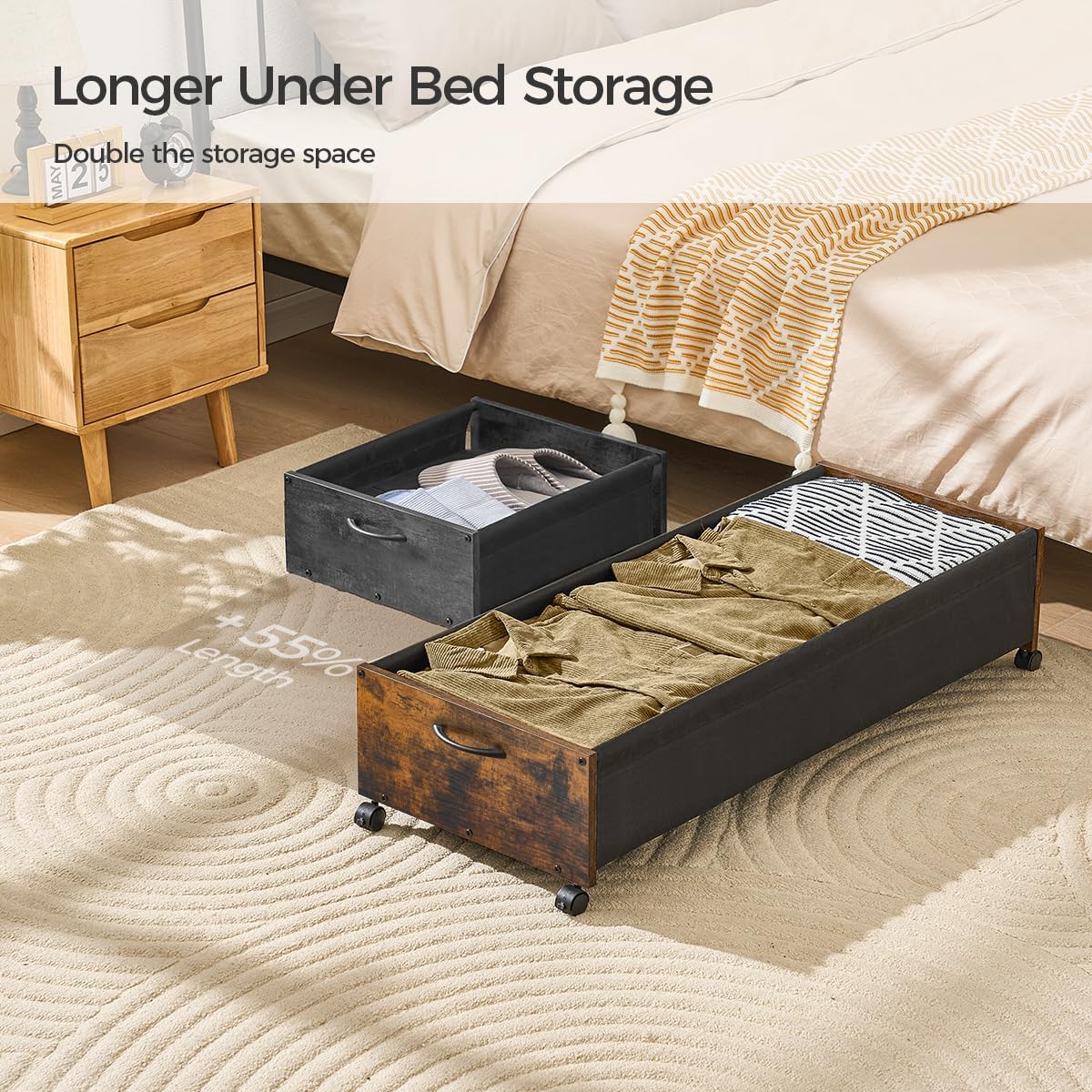 Under Bed Storage with Wheels, XXXXL Larger Under Bed Drawers On Wheels, Wooden Under Bed Shoe Organizer, Storage for Shoes Clothes