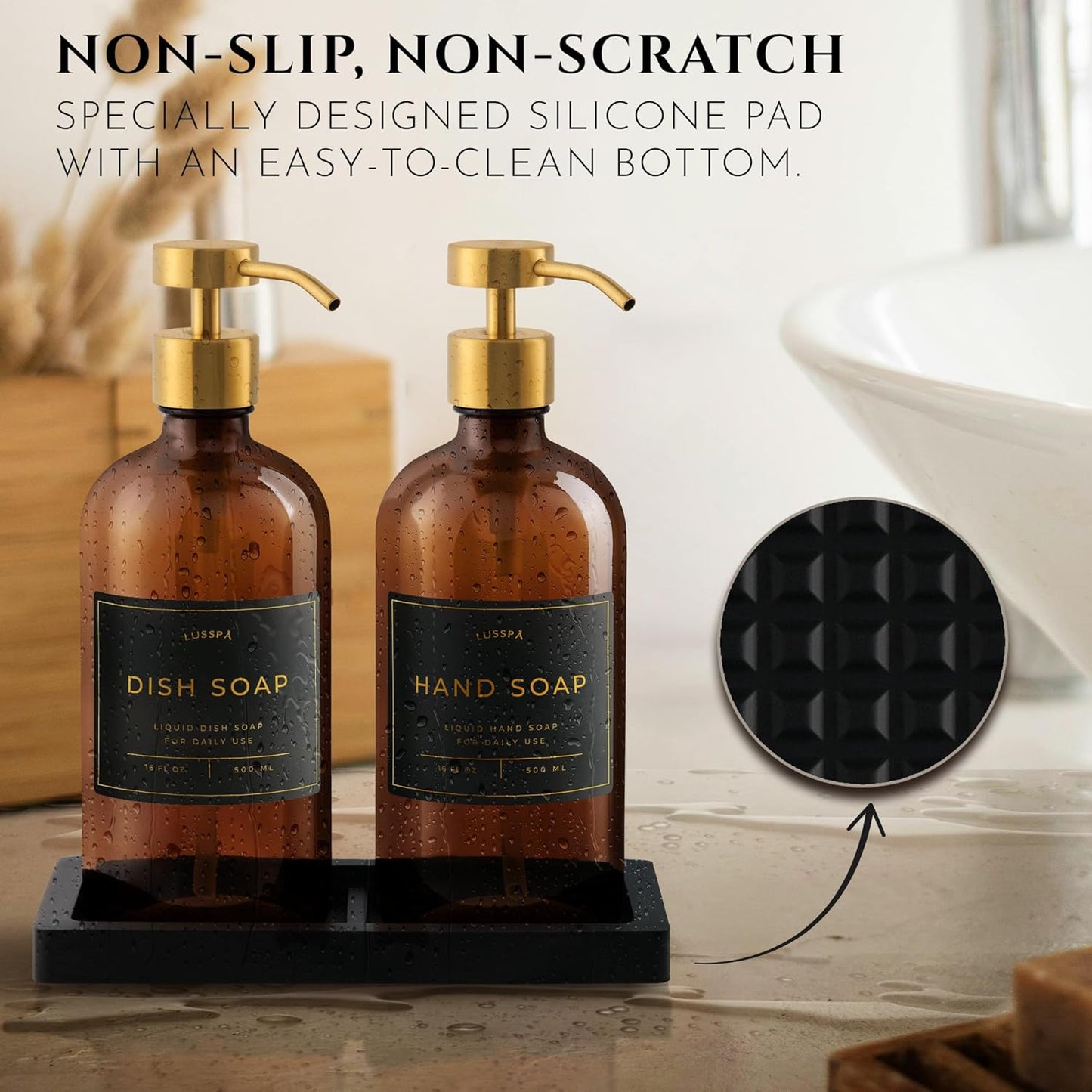 Lotion, Hand & Dish Soap Dispenser for Kitchen Sink - Bathroom Soap Dispenser Set of 2 16.8 Oz Glass Bottles with Stainless Steel Pump, 15 Water Proof Labels & Silicon Tray (Amber/Gold)