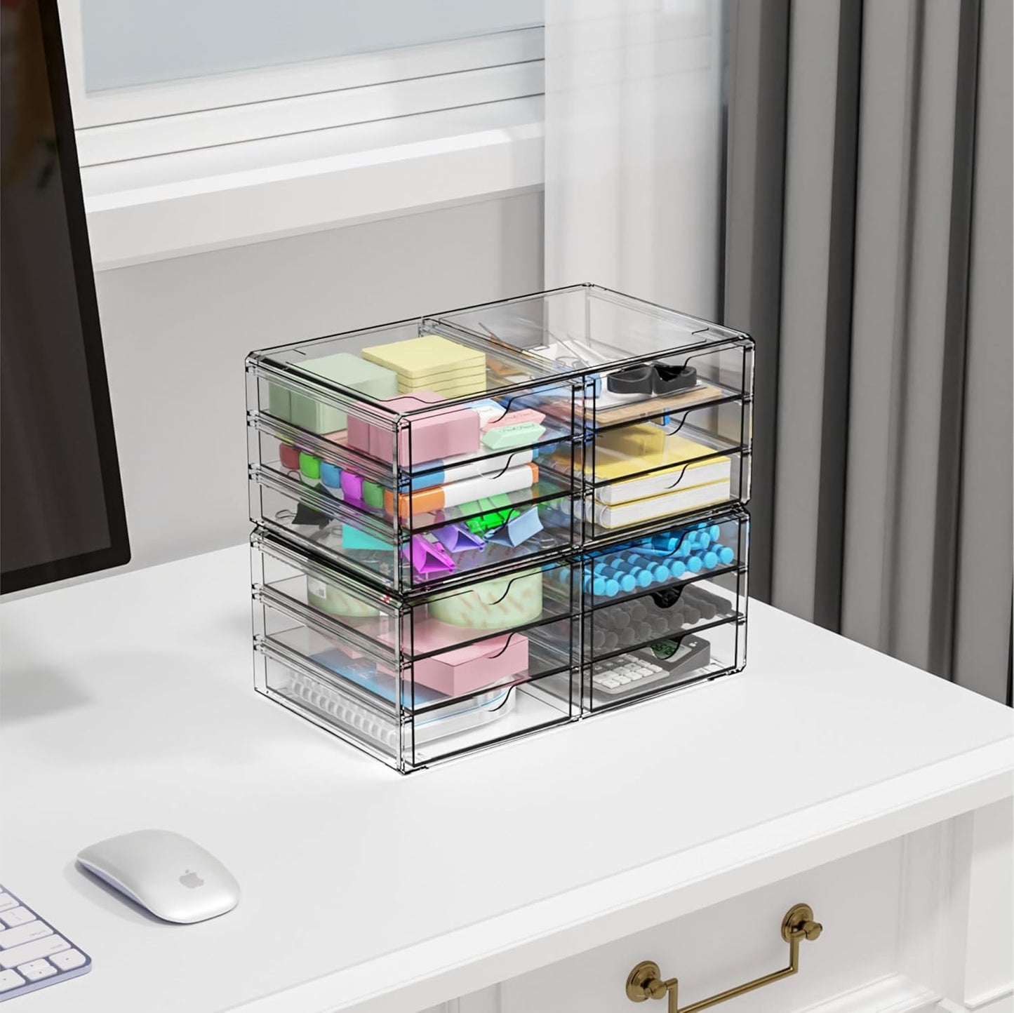 Yieach 2 Pack Acrylic Storage Drawers With 12 Small Drawer,Stackable Office Cabinet Organizer and Makeup Organizer,Clear Plastic Drawers for Craft Supply,Pen,Stationary,Accessory,Makeup,Desk Organizer