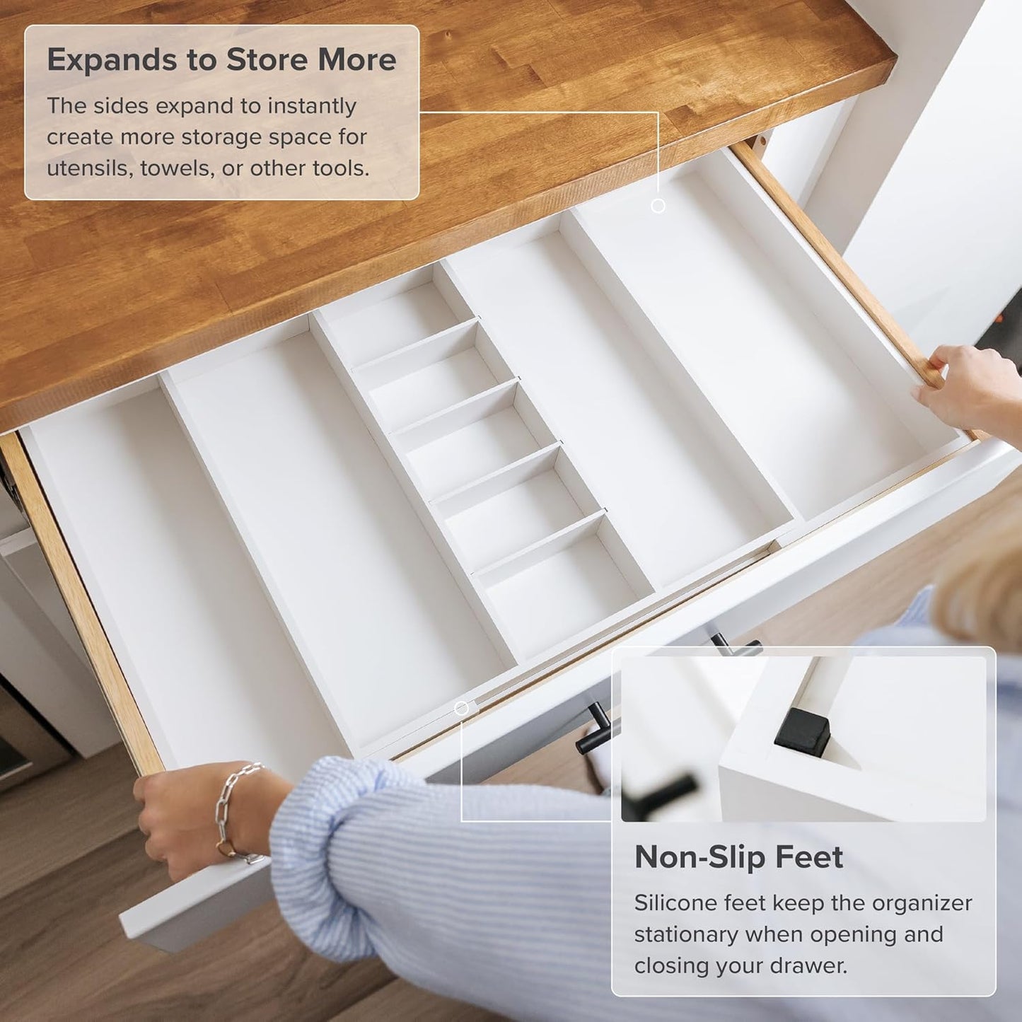 KitchenEdge Adjustable Kitchen Drawer Organizer for Utensils and Junk, Food-Safe Contract Grade with 100% Sustainable Wood, Expandable from 19 to 33 Inches Wide - White Bamboo