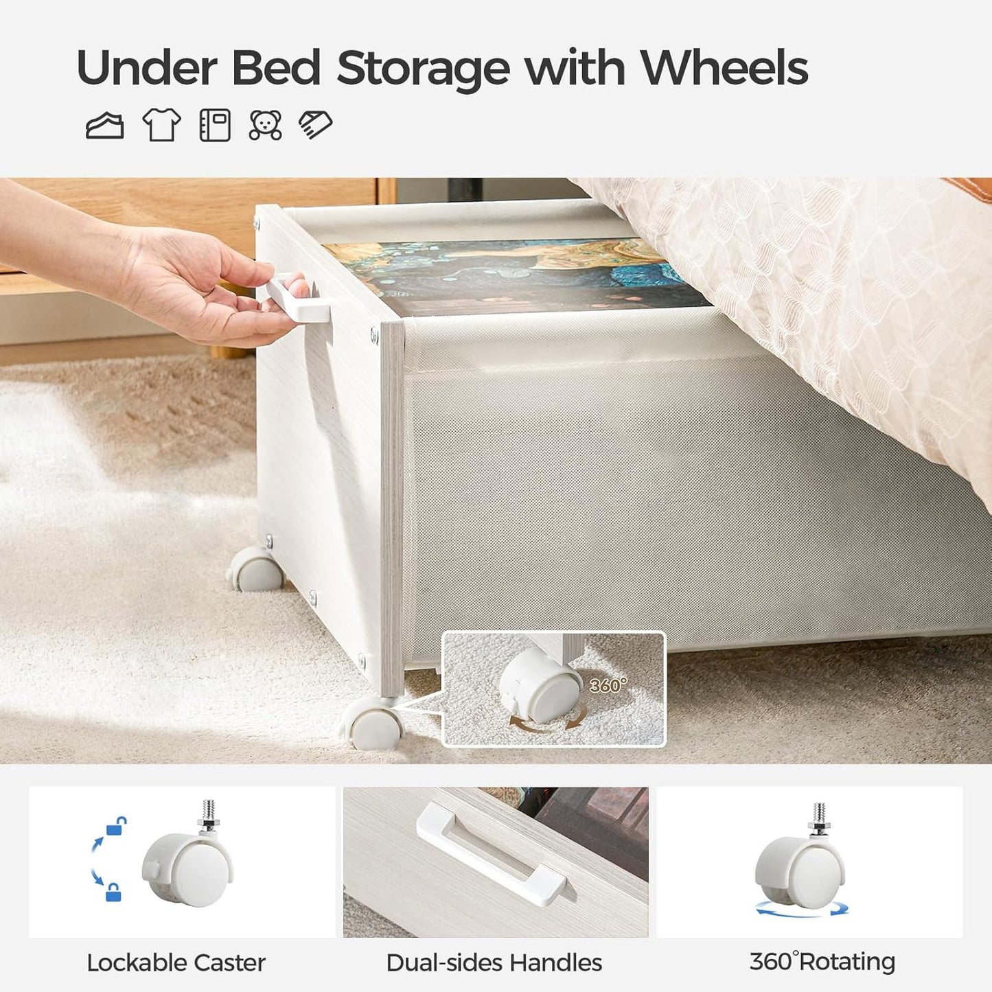 Under Bed Storage with Wheels, Wooden Under Bed Drawers On Wheels, Rolling Under Bed Shoe Storage, Space Saving,White,70L