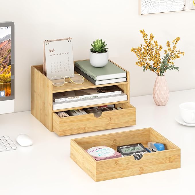 Wisuce Desk Organizer with Drawers - Bamboo Desktop Organizer Storage-Natural Wood Desk Drawers Organizer for Bills, Office Supplies, Cosmetics, Seals No Assembly Required(2 drawers with Shelf)