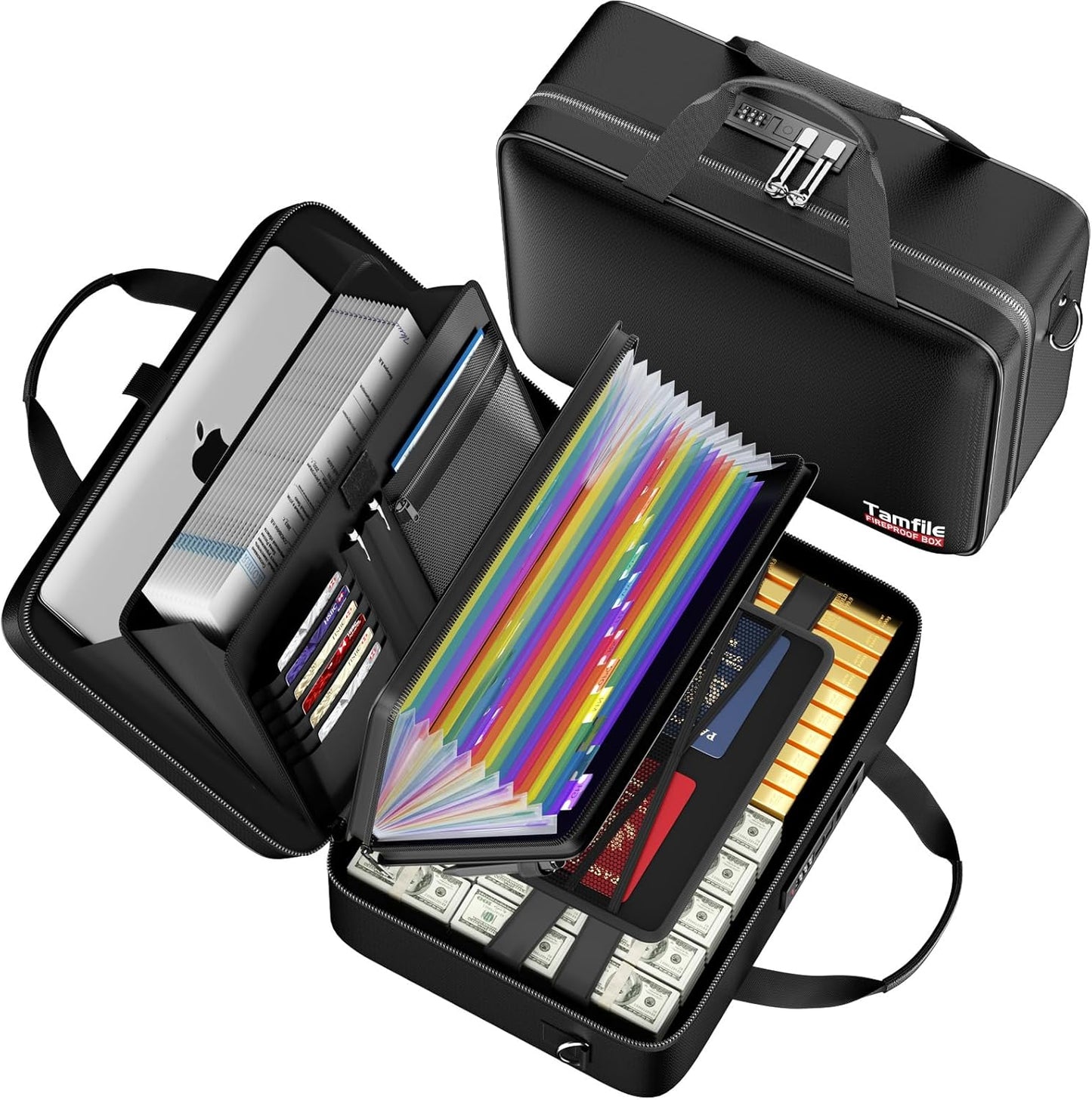 Tamfile Fireproof Document Box with Lock, Hard Case Fireproof Water Resistant File Organizer with 24 Colorful Pockets,Fire Safe Box for Important Documents、Valuables、Laptop、Passports (Black)