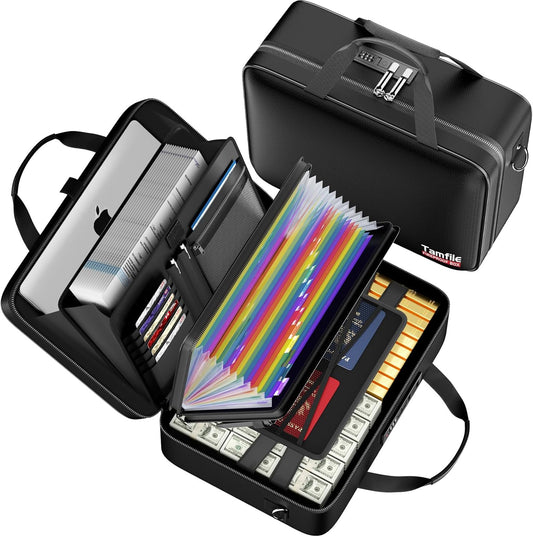 Tamfile Fireproof Document Box with Lock, Hard Case Fireproof Water Resistant File Organizer with 24 Colorful Pockets,Fire Safe Box for Important Documents、Valuables、Laptop、Passports (Black)
