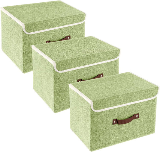 TYEERS Collapsible Storage Boxes, Washable Fabric Storage Bins with Lids, 14.9x9.8x9.8 inches, 3 Pack, Green