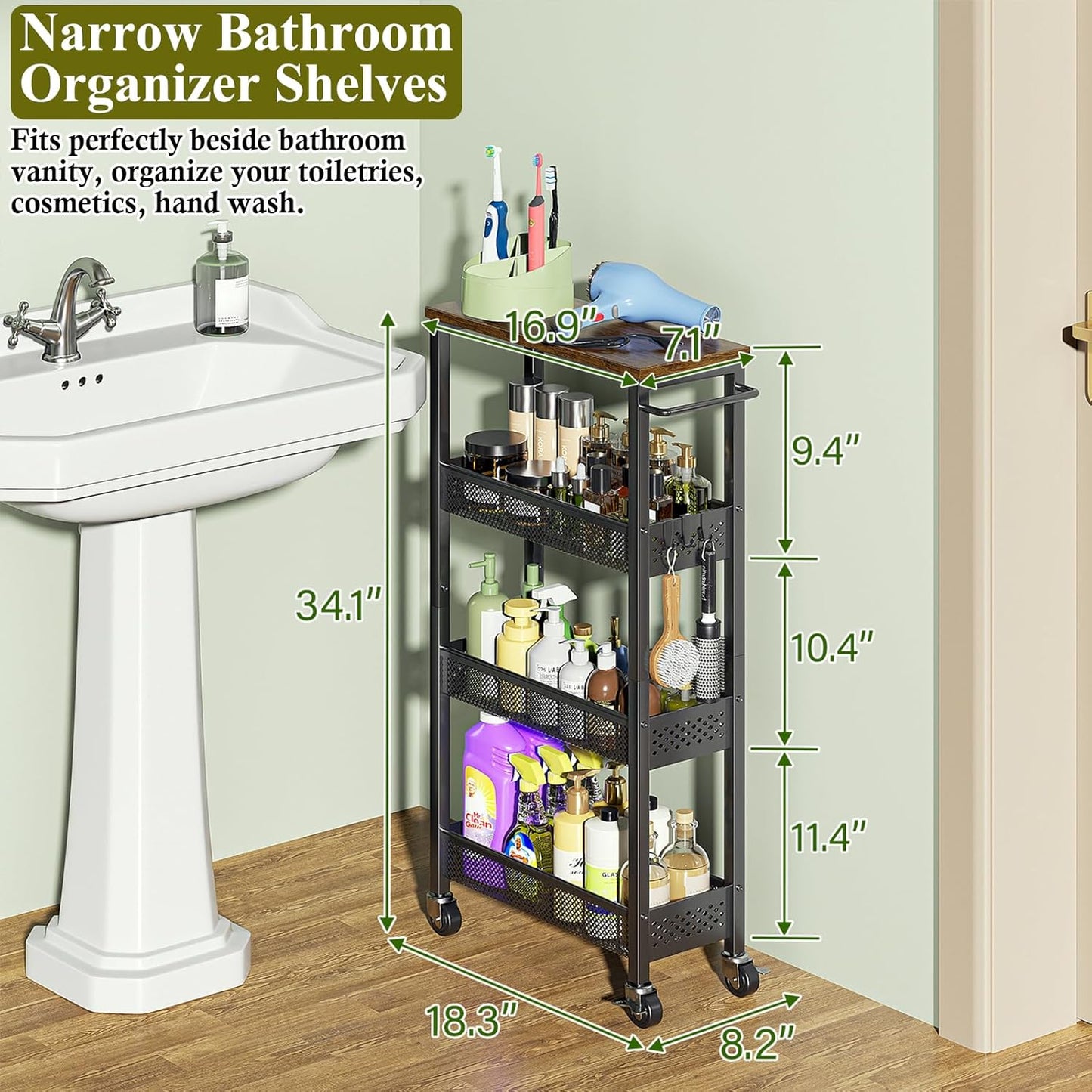 Utility Slim Storage Cart, 4 Tier Small Rolling Kitchen Laundry Room Cart with Wood Top, Metal Narrow Bathroom Storage Cabinet Mobile Shelf Unit Organizer Trolley with Handle for Narrow Space