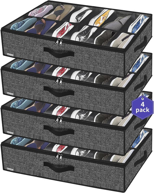 Onlyeasy Under Bed Shoe Storage Organizer For Closet, 4 Pack Fit 12x4 Pairs, Underbed Solution Shoes Container Bags with Sturdy Sidewall & Reinforced Handles, Breathable, Linen-like Black, MXAUBSB4P