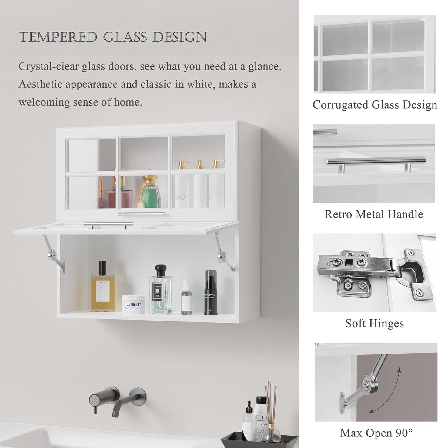 FIMELLO 59’’ Laundry Room Cabinets Wall Mounted, Kitchen Wall Cabinet, Bathroom Wall Cabinet, Hanging Display Cabinet, Adjustable Shelf, Glass Door, White