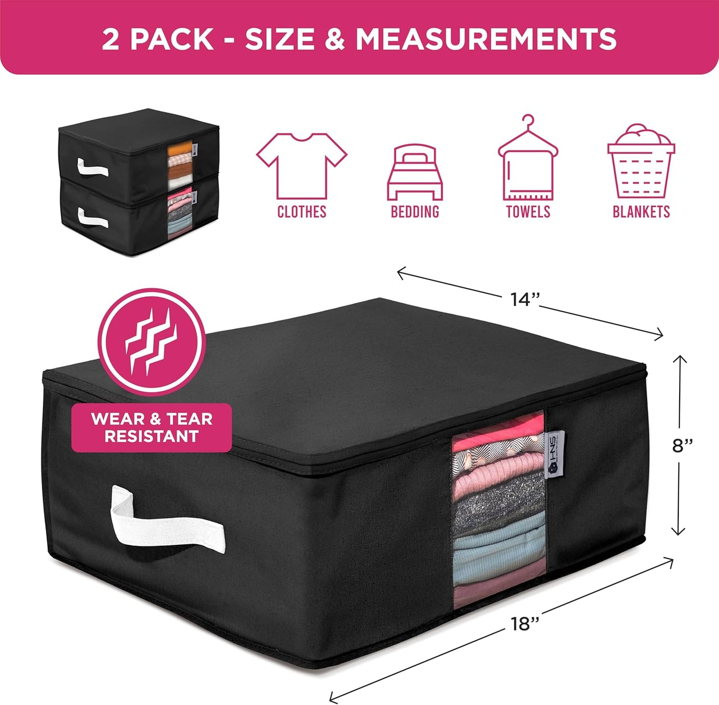 Cedar Clothes Storage Bag Organizer – Protects from Moths, Moisture, Dirt & Dust – Set of 2 Underbed Storage Bags for Clothes, Cashmere Sweaters, Bedding & More - Underbed Storage - Black