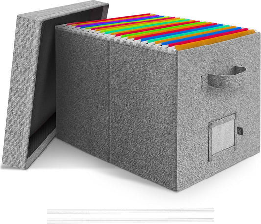 File Organizer Box with Lid, Linen Hanging File Storage Box with Handle, Collapsible Document Filling Box for Letter/Legal Folder, Portable File Box for Office/Decor/Home (1 Pack, Gery)