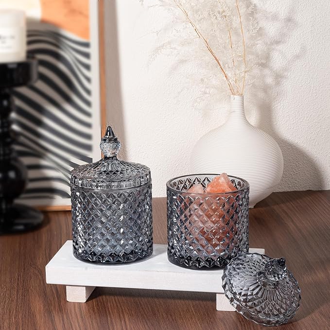 rejomiik 2 Pack Qtip Holder Thick Glass Apothecary Jars with Lid for Bathroom Decor Storage Organizer for Cotton Swabs, Balls, Pads, Floss Picks, Candy, Jewelry, Grey