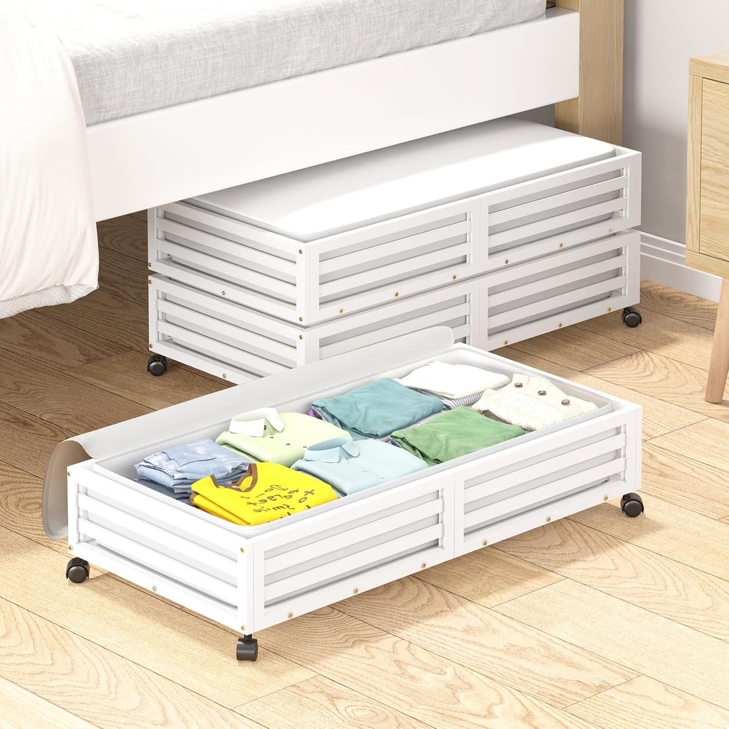Bamboo Under Bed Storage Containers- Underbed Organizer with Wheels with Large Capacity Dust Bag,Sturdy Wood Rolling Under Bed Shoe Storage Organizer 2 Packs (White, 1 Packs (23.62"×16.54"))