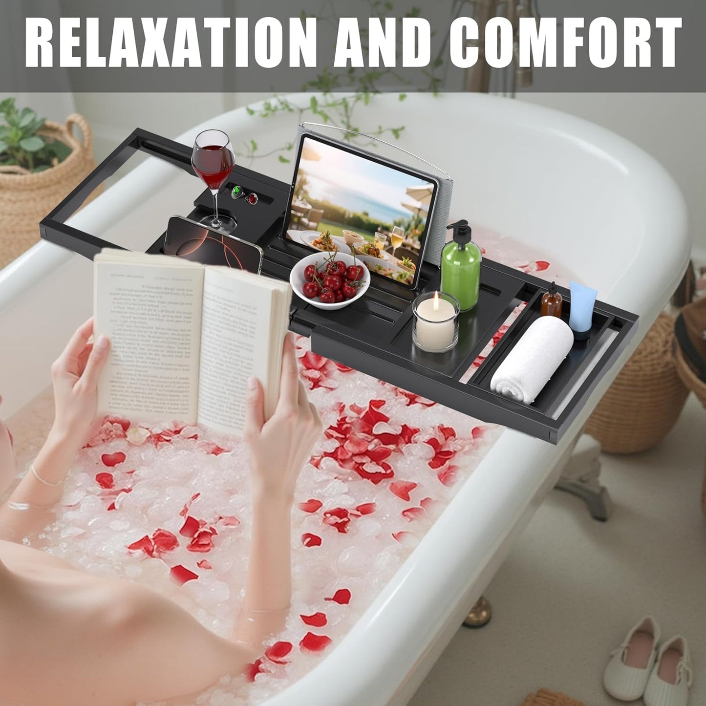 Foldable Bathtub Caddy Tray for Tub,Bamboo Expandable Bath Table Trays,Premium Bathroom Accessories for New Home & Mothers Day & Birthday Gifts for Couples,Black