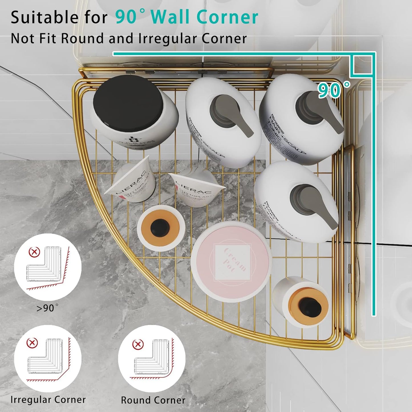Corner Shower Shelves with 4 Hooks, 2-Tier Stainless Steel Bathroom Shower Organizers, Wall Mounted Caddy Shelves No Drilling with Adhesive, Triangle Storage Shelf for Toilet, Dorm and Kitchen, Gold