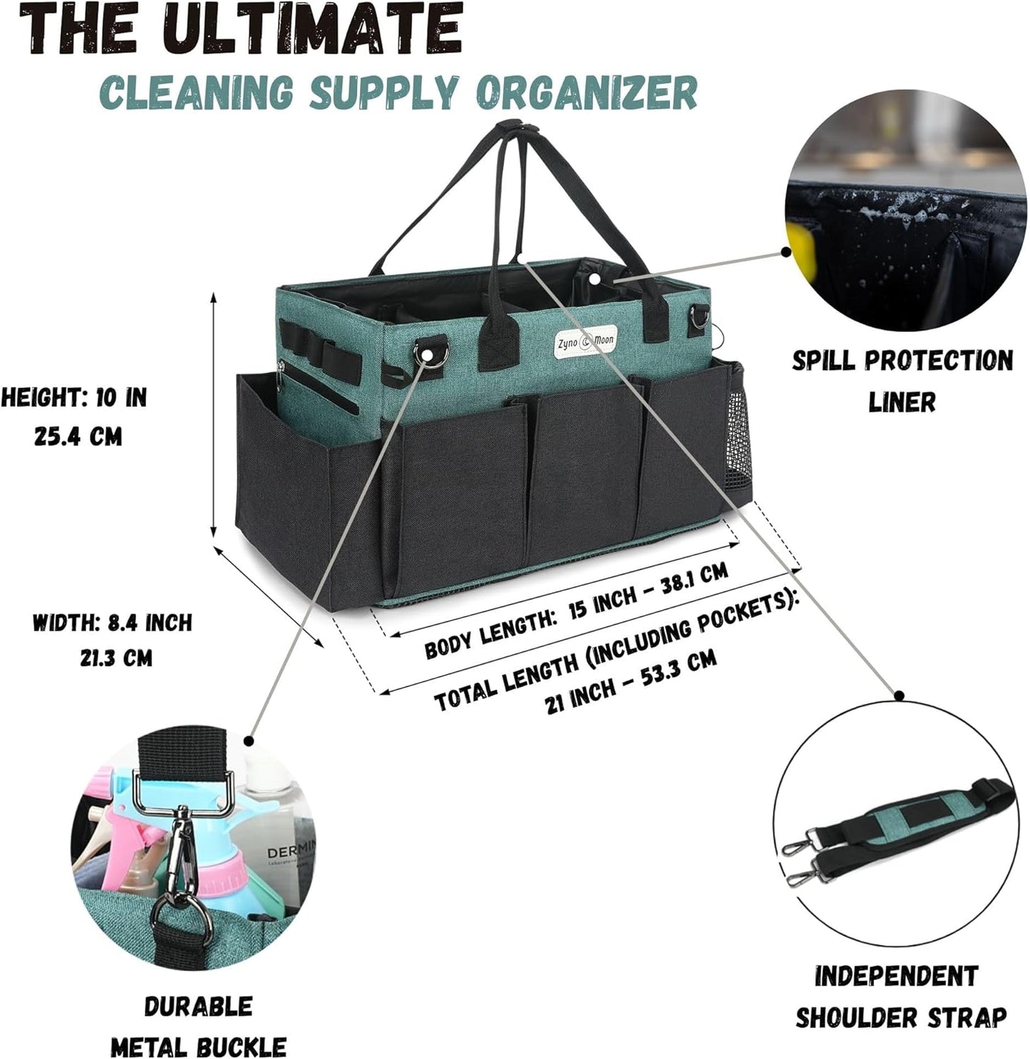 Wearable Cleaning Caddy – Portable Detailing Organizer with Spill-Proof Liner, Straps & Handles – Large Tote for Cleaning Pros, Auto Detailers, and Housekeepers – Green/Gray