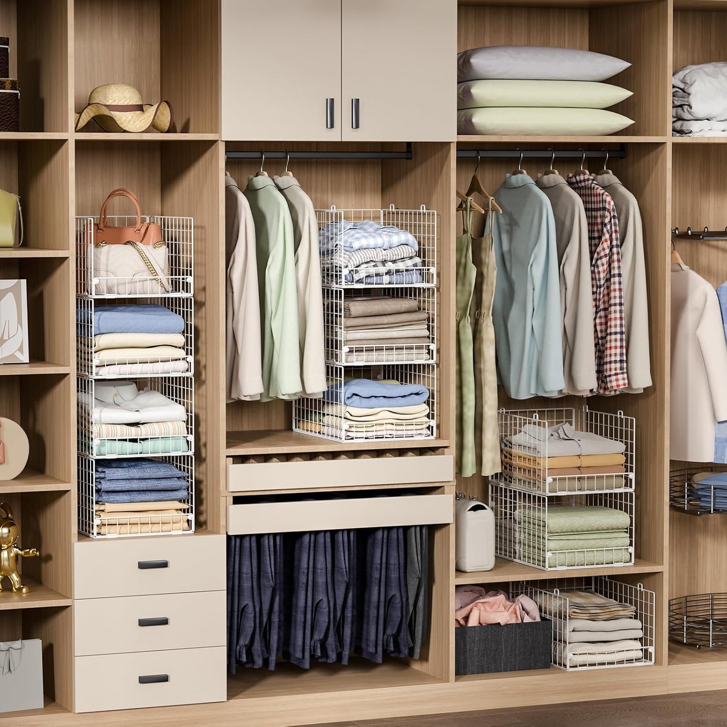 Stackable Closet Organizers and Storage - 4-Tier Stackable Storage Bins, Foldable Closet Shelf Organizer Basket, Clothes Organizers and Storage Shelves for Closet Organizer System(15.7"x11.8"x34.64")