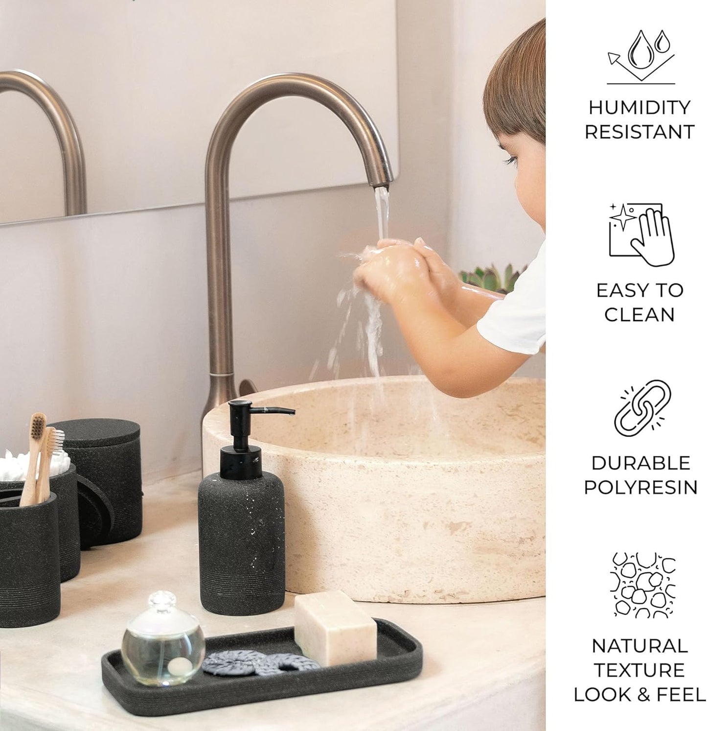 ZCCZ Black Stone Bathroom Accessories Set 6 Pieces - Toothbrush Holder, Lotion Dispenser, Qtip Container, Vanity Tray, Tumbler - Countertop Organizer for Bathrooms - Elegant and Functional Décor Set