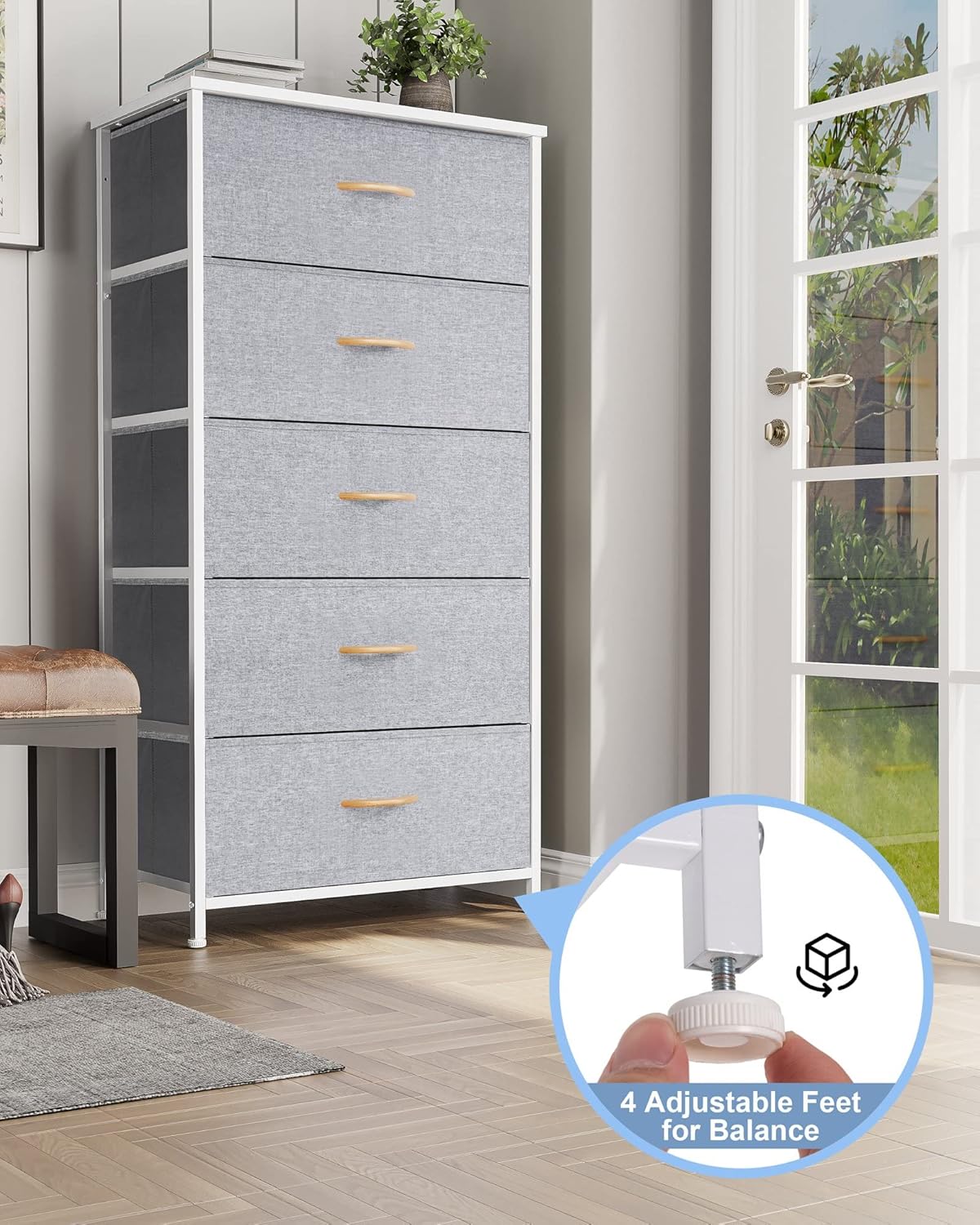 Crestlive Products Vertical Dresser Storage Tower - Sturdy Steel Frame, Wood Top, Easy Pull Fabric Bins - Wide Organizer Unit for Bedroom, Hallway, Entryway, Closets - 5 Drawers(Light Gray)