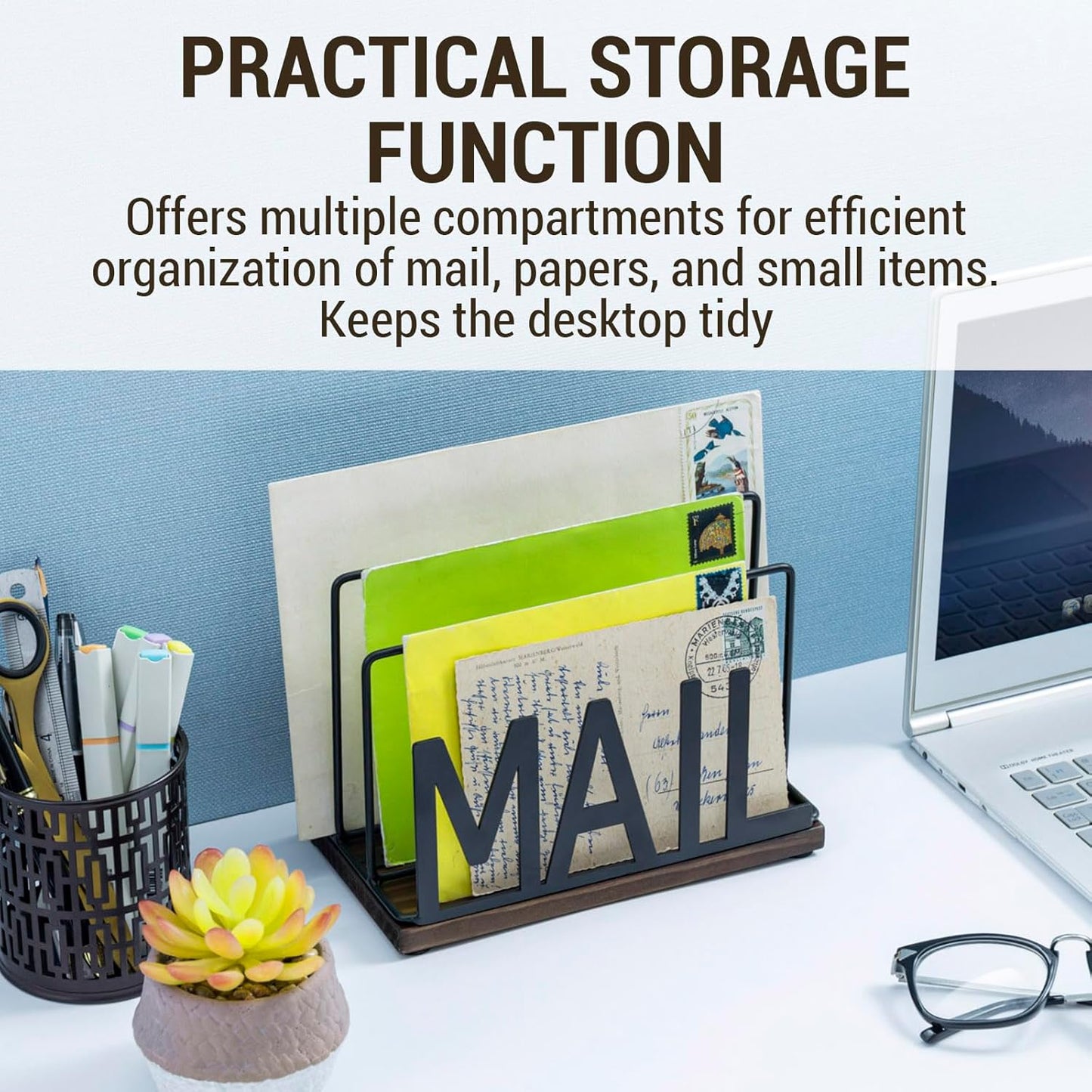 MyGift 3 Slot Industrial Matte Black Metal Wire Tabletop Mail Organizer with Burnt Wood Base – Modern Desktop Letter Sorter for Entryway, Office, or Home